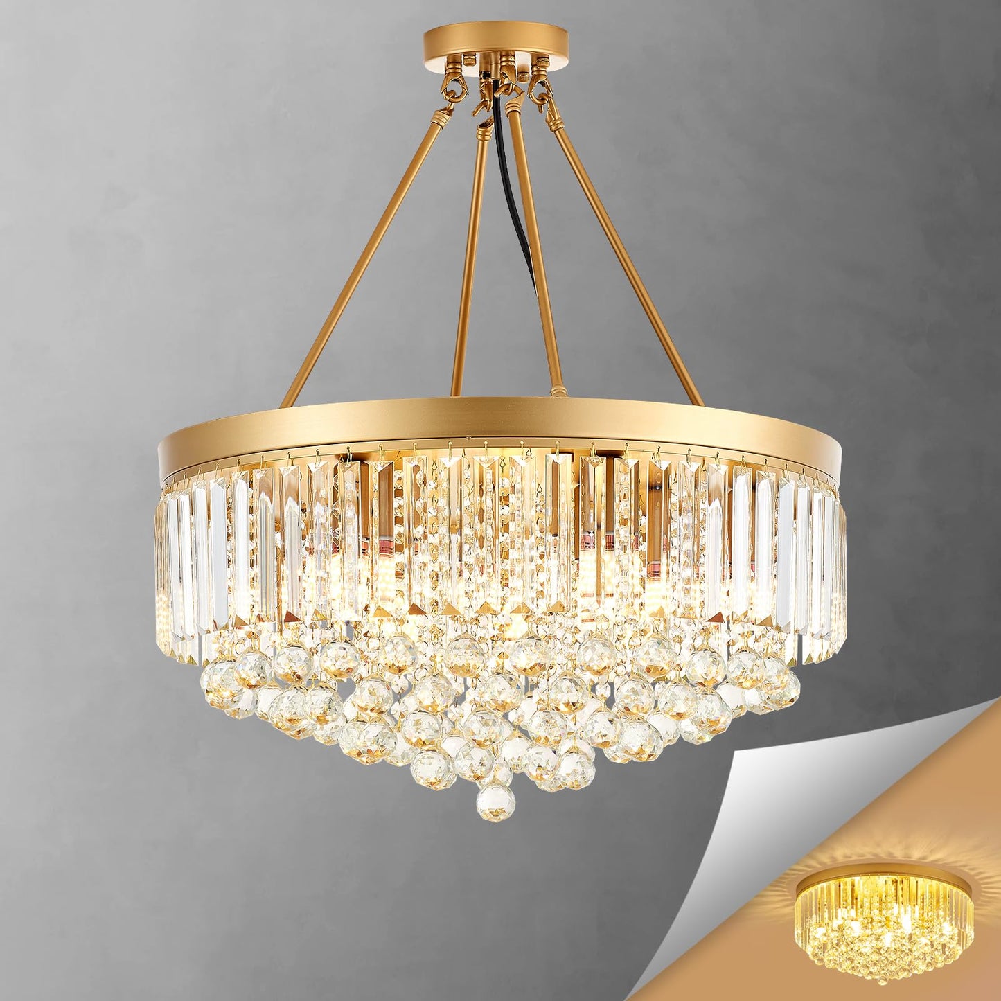 brfaixla 9-Light Gold Crystal Chandelier Contemporary 22'' Modern Semi Flush Mount Crystal Hanging Light Sparkling Decoration for Bedroom Entryway Living Dining Room Kitchen Island Hallway