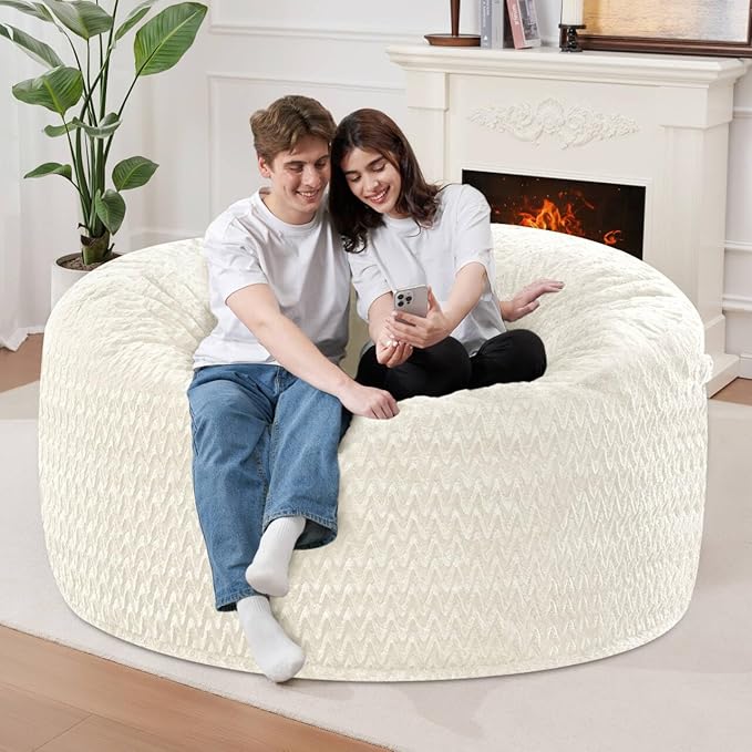 HABUTWAY 3FT Bean Bag Chair,Giant Bean Bag Chairs for Adults,Big Bean Bags with Memory Foam Filled, Large Beanbag Chairs with Chevron Plush Cover-White