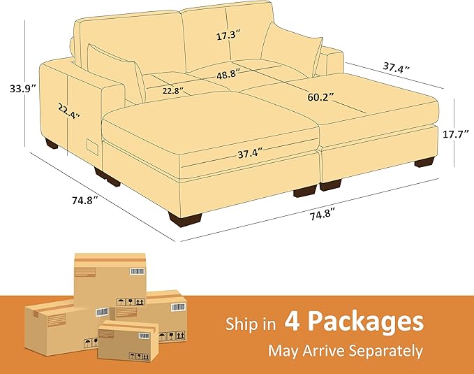 VANOMi Large Modular Sectional Sofa, Oversized Couch with Charging Station, Cloud Couch Deep Seat Sofa with Thick Cushion, Convertible Sectional Couches for Living Room Office Apartment