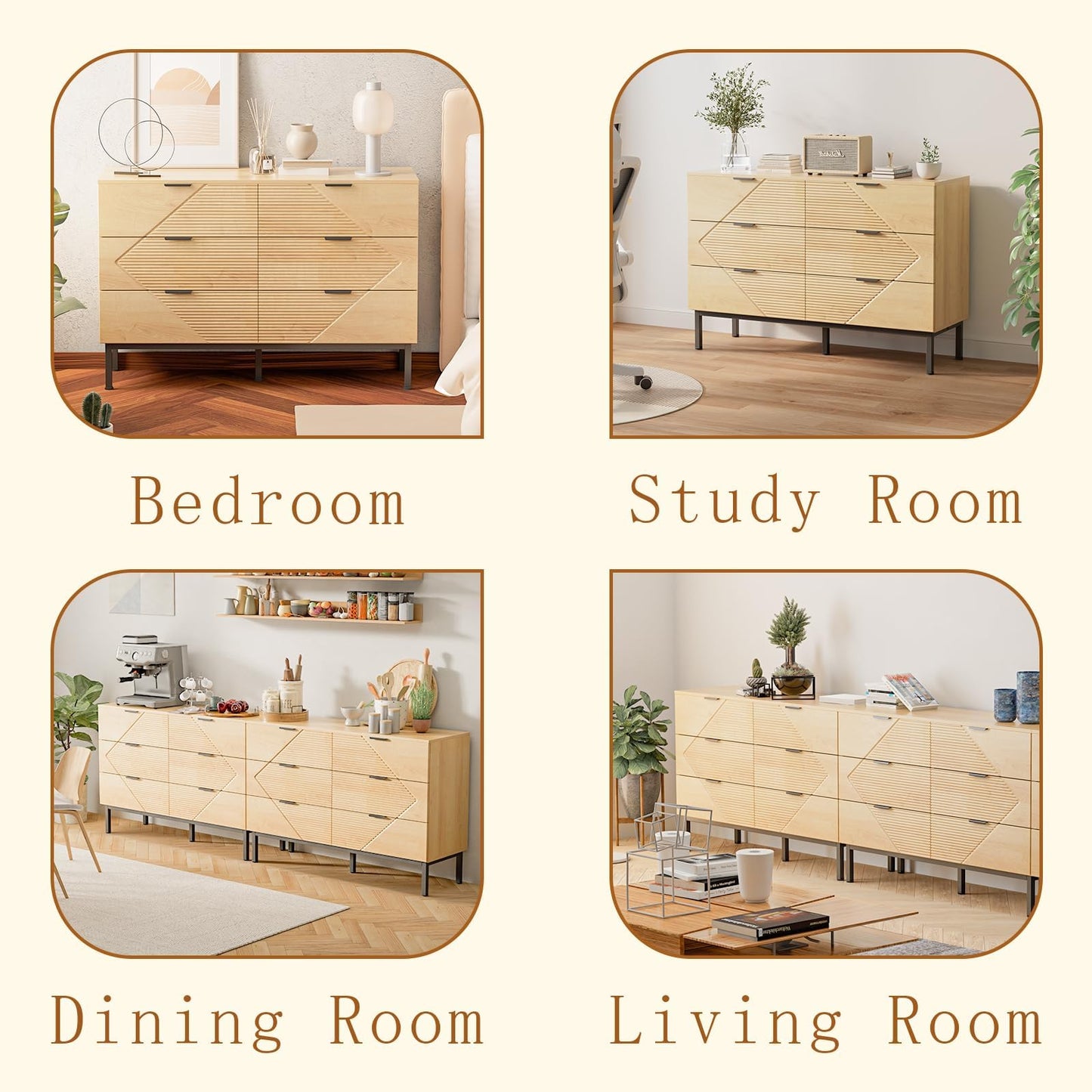 VDNEND Dresser for Bedroom with 6 Drawer, Farmhouse Wood Dresser Storage Drawers, Espresso Long Double Fluted Dressers, Closet Organizers TV Stand for Living Room,Hallway (1, Natural Oak)