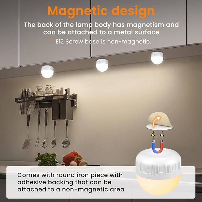 2Packs E12 Rechargeable Light Bulbs with Remote Control, 5W 350lm Magnetically Battery Operated Light Bulbs with 3 Color Temperature, Timer, Dimmer for Non-Hardwired Candle chandeliers Candelabra lamp