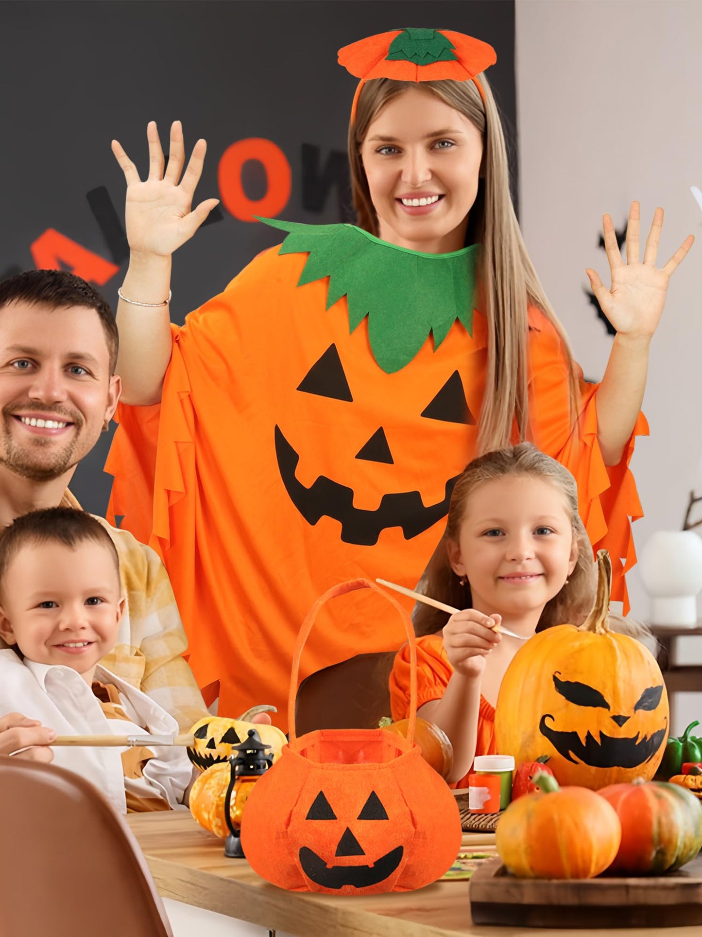 peony man 4 PCS Halloween Costume for Women Pumpkin Costume Set with Pumpkins Poncho Hair Hoop Pumpkin Cape with Candy Bag Headband Striped Tights for Women Adult Halloween Cosplay Party
