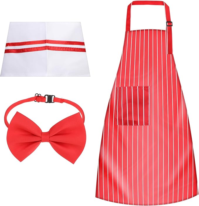 Waiter Costume Kit, 3 Pcs Adult Carnival Costume 1950s Red and White Striped Soda Jerk Server Apron with 2 Pockets Chef Ha...