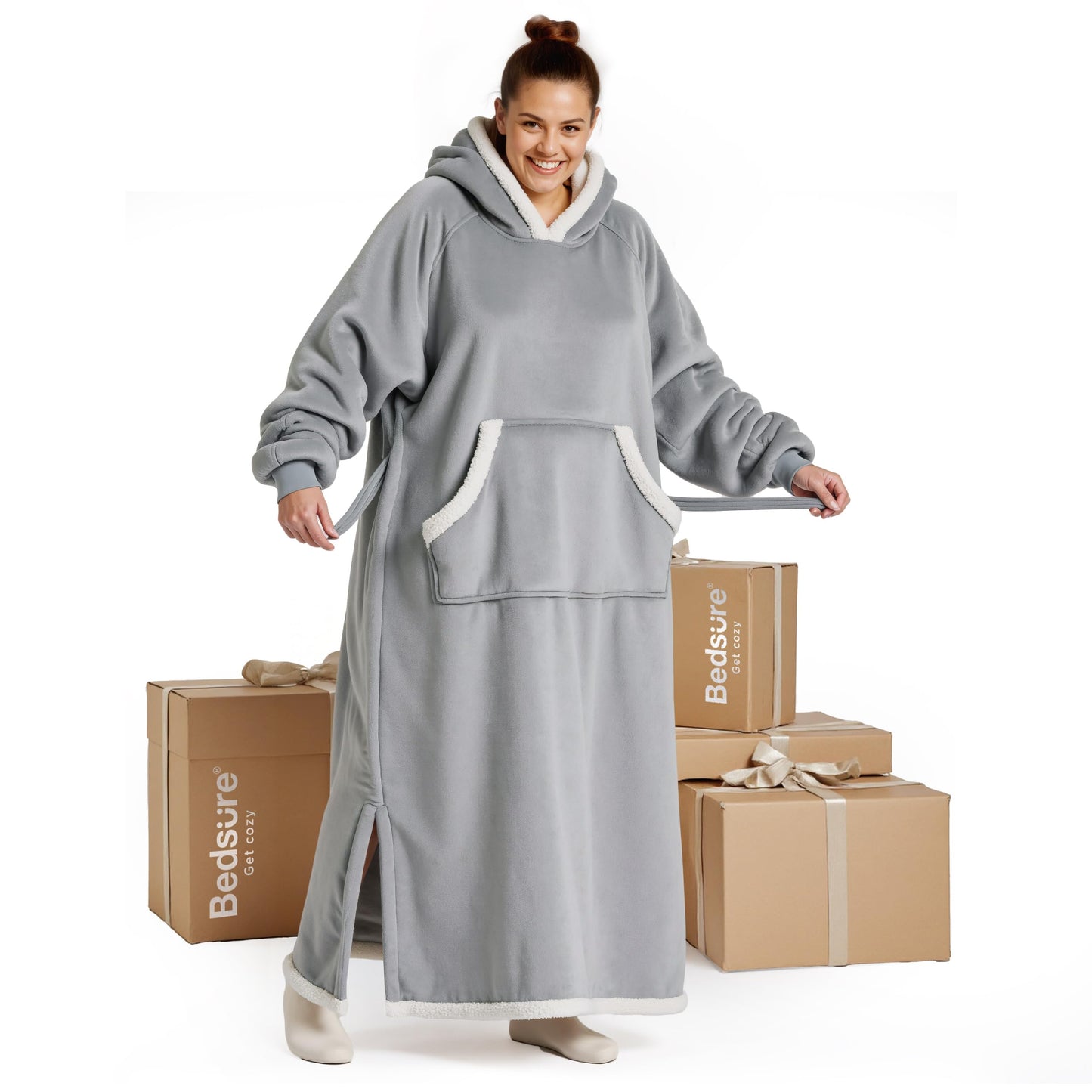 Bedsure Wearable Blanket Hoodie, Long Hooded Blanket Sweatshirt as Birthday Gifts for Women, Cozy Sherpa Hoodie for Adult, Standard, Grey