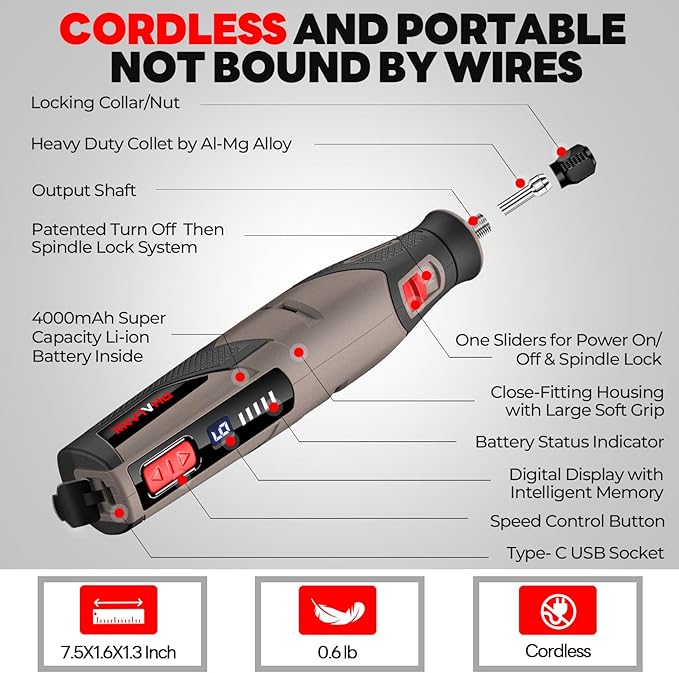 PHALANX Cordless Rotary Tool Kit, 4V 4000mAh Battery, 80 Accessories, 9 Speed Settings, 28000 RPM Max, Type-C Charging (PRT-Brown)