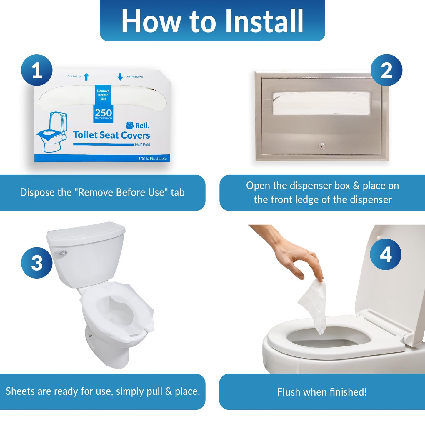 Reli. Toilet Seat Covers (1250 Pcs, 5 Packs of 250) | Disposable Toilet Seat Cover - Flushable - 14x16" (Half-Fold) | Paper Liners for Restroom, Bathroom, Travel, Camping, Kids Potty Training