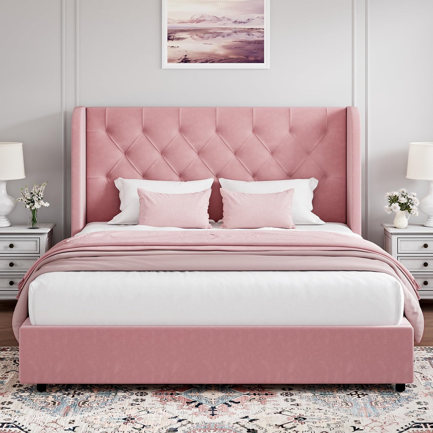 HOMBCK Pink Full Size Bed Frame, Upholstered Platform Bed Frame with Velvet Tufted Headboard, Curved Wingback Design, Wooden Slats, No Box Spring, Noise Free, Easy Assembly