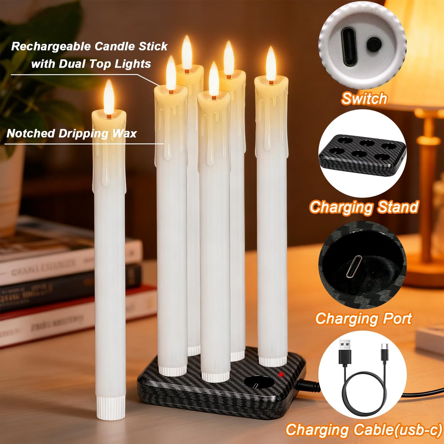 Lasumora Rechargeable Flameless Taper Candles with Charging Station & Remote Timer, 6 Pcs Real Wax LED Taper Candles, Battery Operated Candlesticks for Home Wedding Christmas Decorations (White)