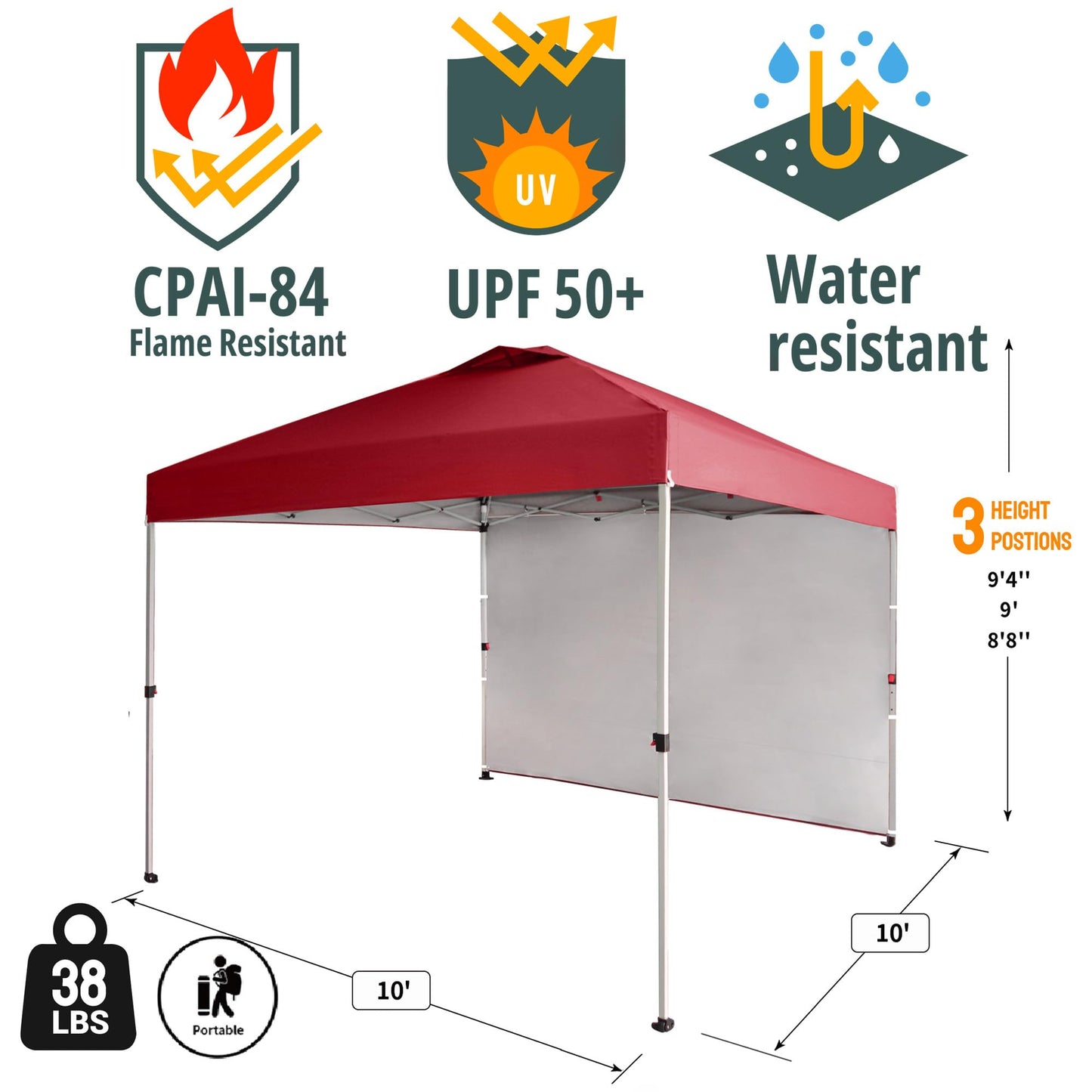 CROWN SHADES 10x10 Pop Up Canopy with 1 Side Wall - Beach Tent with One Push Setup - Outdoor Sun Shade for Events, Parties, Camping - Gazebo with STO-N-Go Cover Bag (Red)