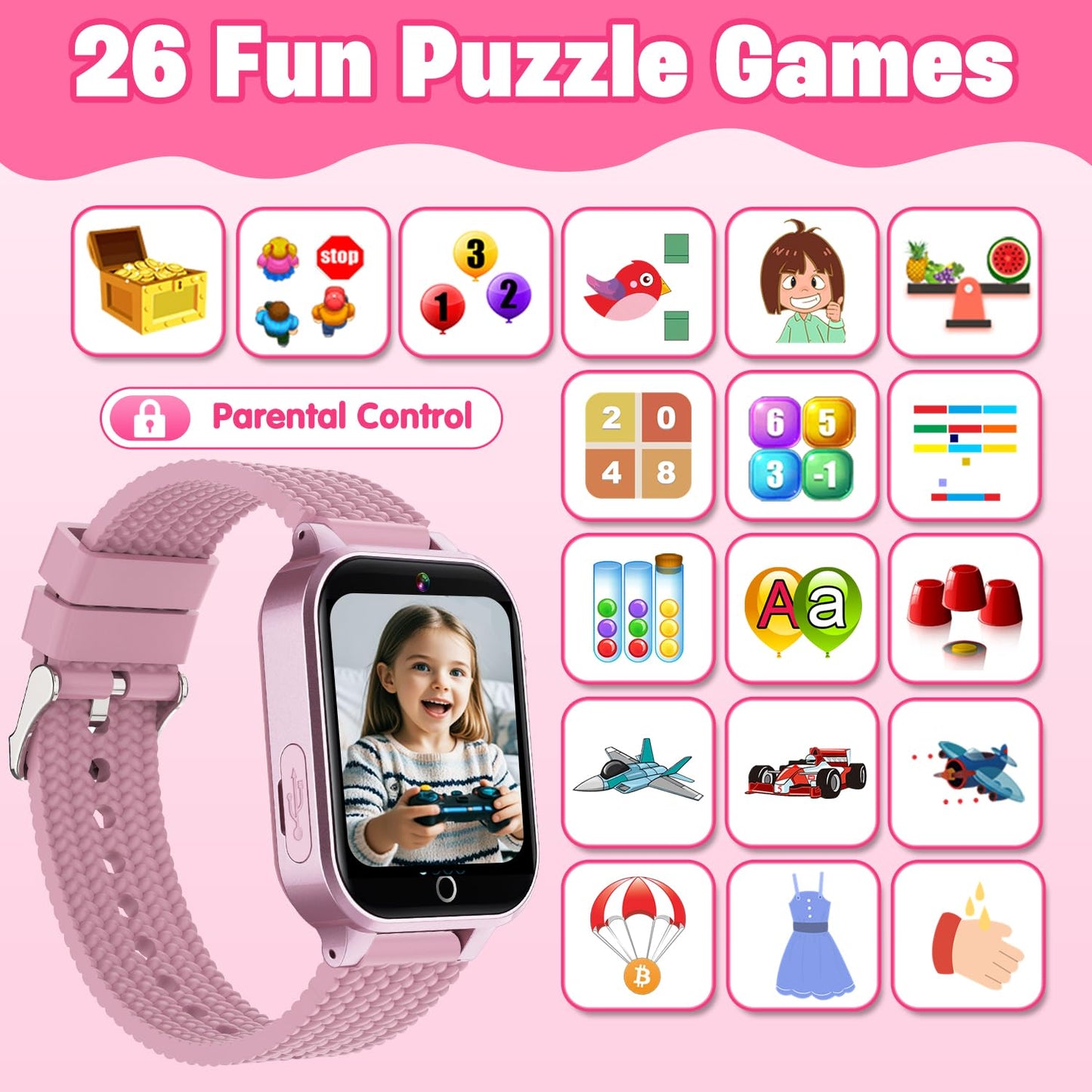 Kids Smart Watch for Girls Age 5-12, Kids Watch with 26 Games, Camera Music Player Pedometer Habit Tracking HD Touchscreen Flashlight Smart Watch for Kids Birthday Gifts for Girls Ages 6 7 8 9 (Pink)
