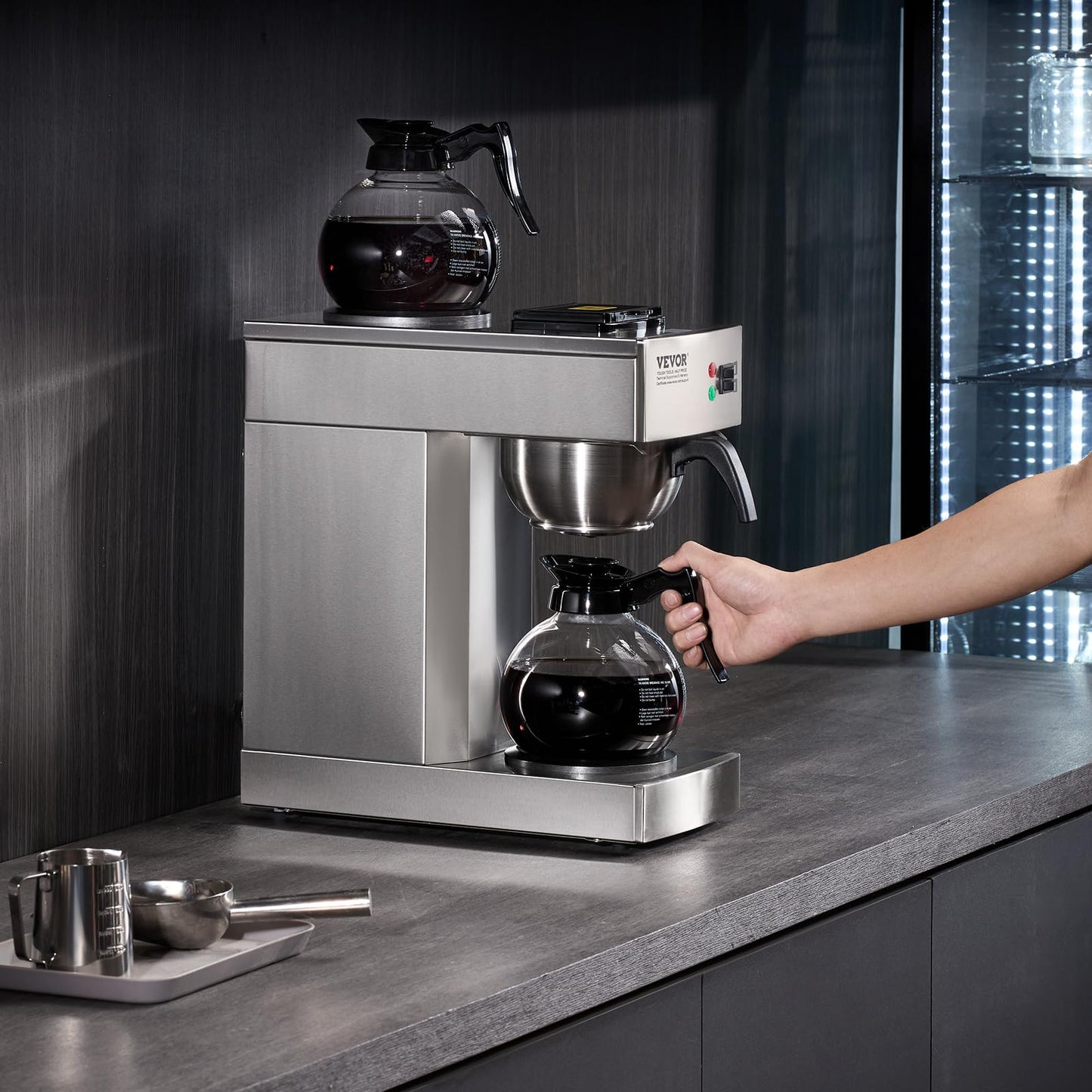 VEVOR 12 Cups Commercial Drip Coffee Maker, Coffee Maker Machine with 2 Glass Carafes and 2 Warmer Plates, Stainless Steel Pour Over Coffee Brewer for Restaurant, Office, Cafe