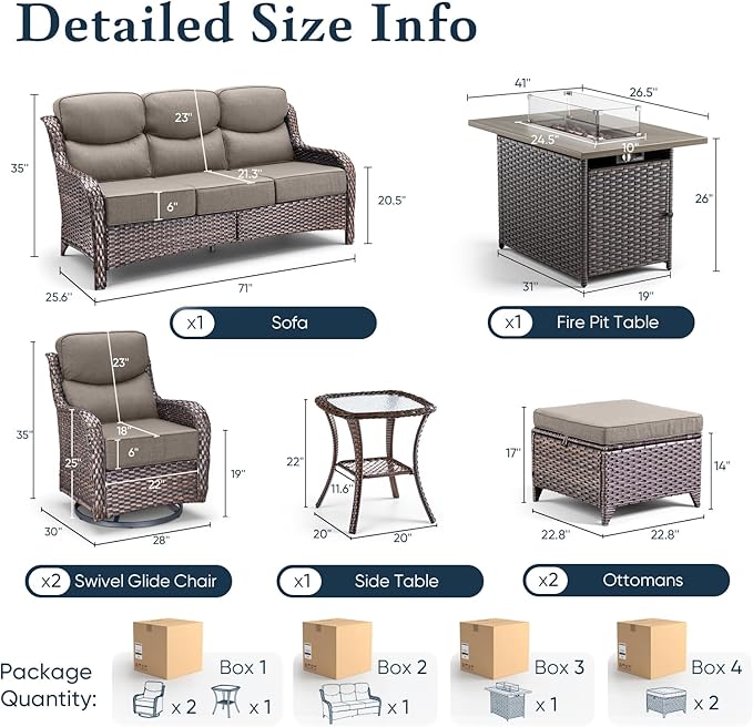 Belord Luxury 6" Thick Cushioned 7 Pieces Patio Furniture Set with Fire Pit Table, Wicker Outdoor Conversation Set with High Back Swivel Rocker Chairs for Deck Porch Yard and Poolside - Brown+Grey