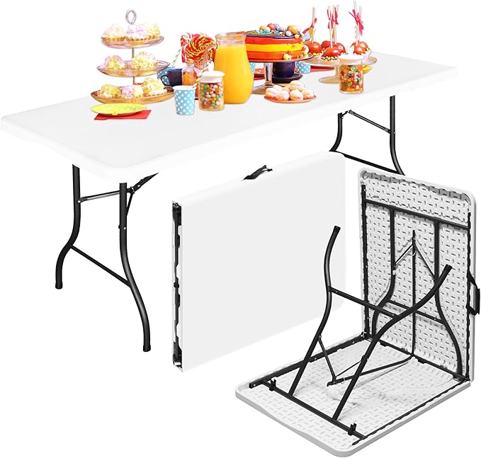Bblife 6FT Folding Tables Heavy Duty White Foldable Table, Multi-Functional Fold up Table for Outdoor Camping Picnic Parti...