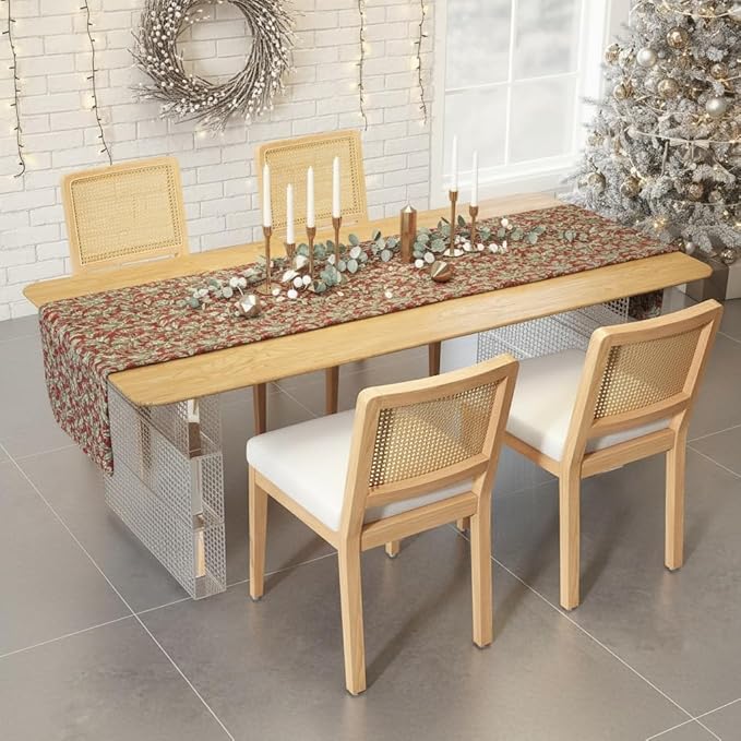 LukeAlon Modern Dining Chairs Set of 4 Farmhouse Kitchen Chairs with Woven Cane Back, Soft Chenille Upholstered Seat, Solid Wood Legs for Dining Room, Breakfast Nook, Comfortable & Stylish, White