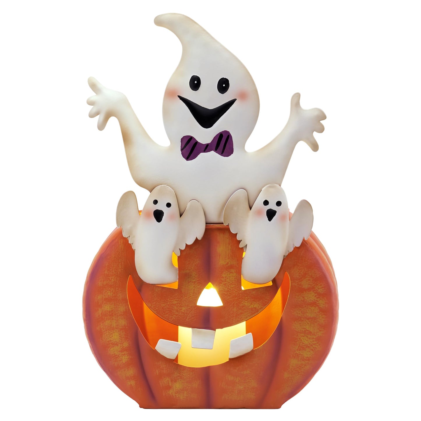 TERESA'S COLLECTIONS Halloween Decorations, Ghost and Pumpkin Halloween Decor, Large Ghost and Orange Jack O Lantern with Light, 12", Metal Outdoor Garden Statue, Indoor/Outdoor