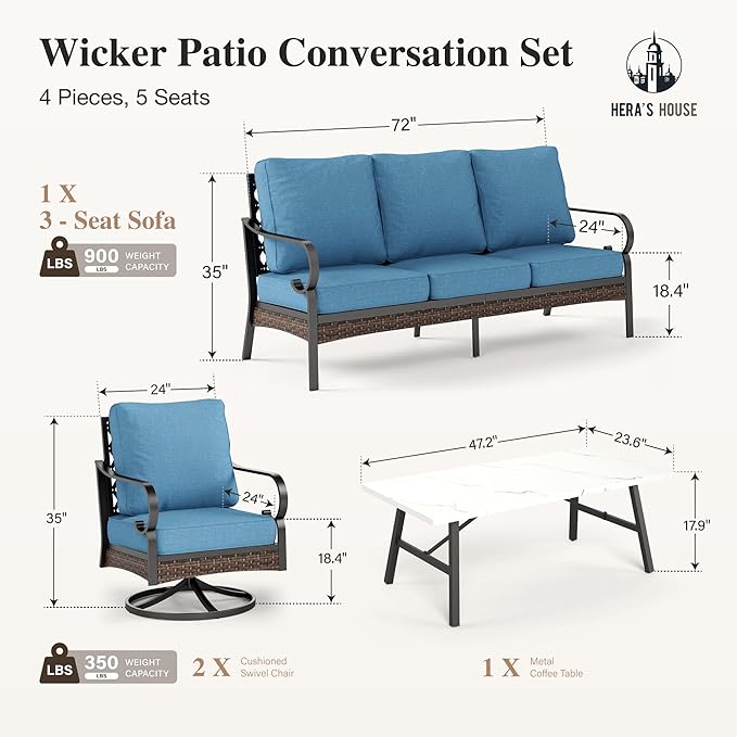 HERA'S HOUSE 4 Piece Metal Patio Furniture Set, All Weather Outdoor Conversation Set with 3 Seat Sofa, 2 Swivel Chairs & Coffee Table, Seats 5 for Backyard, Garden, Deck, Navy Blue