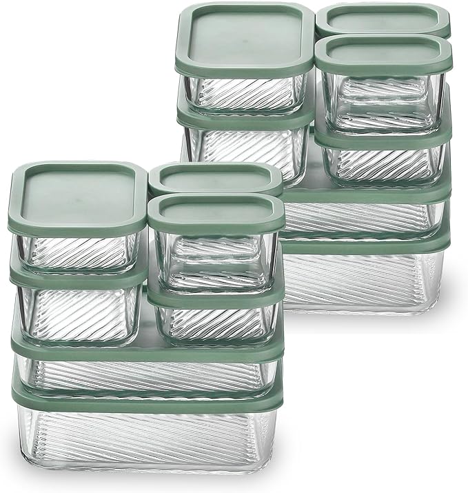 EATEX 14 Pack Glass Meal Prep Containers with Grooved Base, 14 Stackable BPA Free Glass Storage Containers with Lids for Lunch, Pantry, and Kitchen - Microwave, Dishwasher Freezer & Oven Safe - Sage