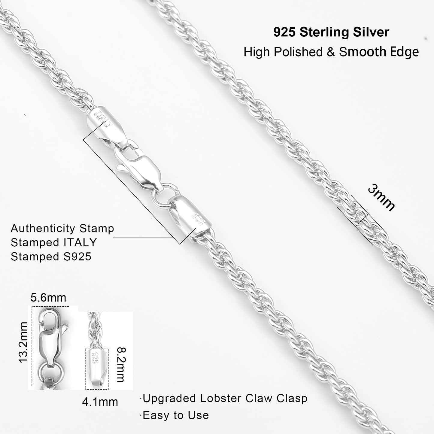 Waitsoul 925 Sterling Silver Rope Chain Lobster Clasp 3mm Silver Chain for Women Men Silver Necklace Chain 16 Inch