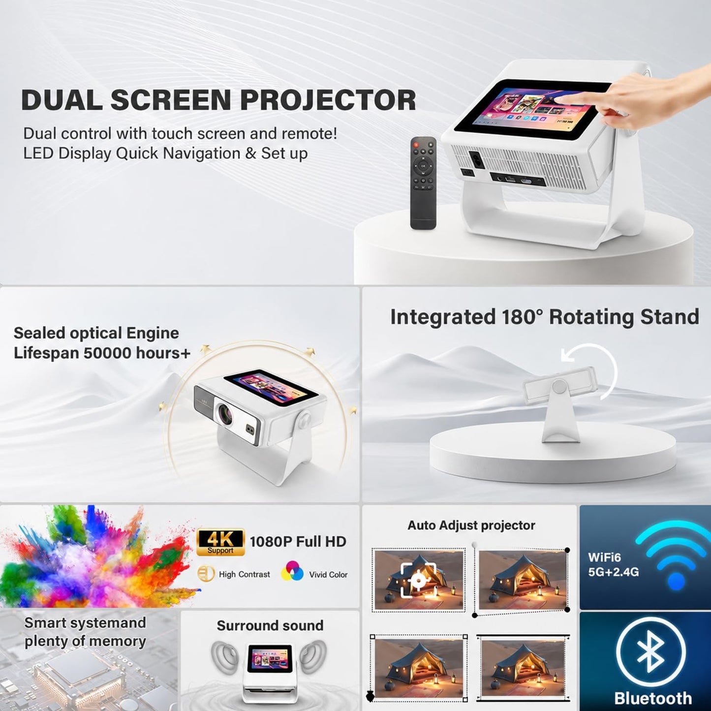 Smart Projector with WiFi and Bluetooth, 4K Supported Native 1080P Portable Outdoor Projector, Dual-Screen Sync Built-in Touchscreen Home Theater Gaming Projector for Bedroom Backyard Movie Night