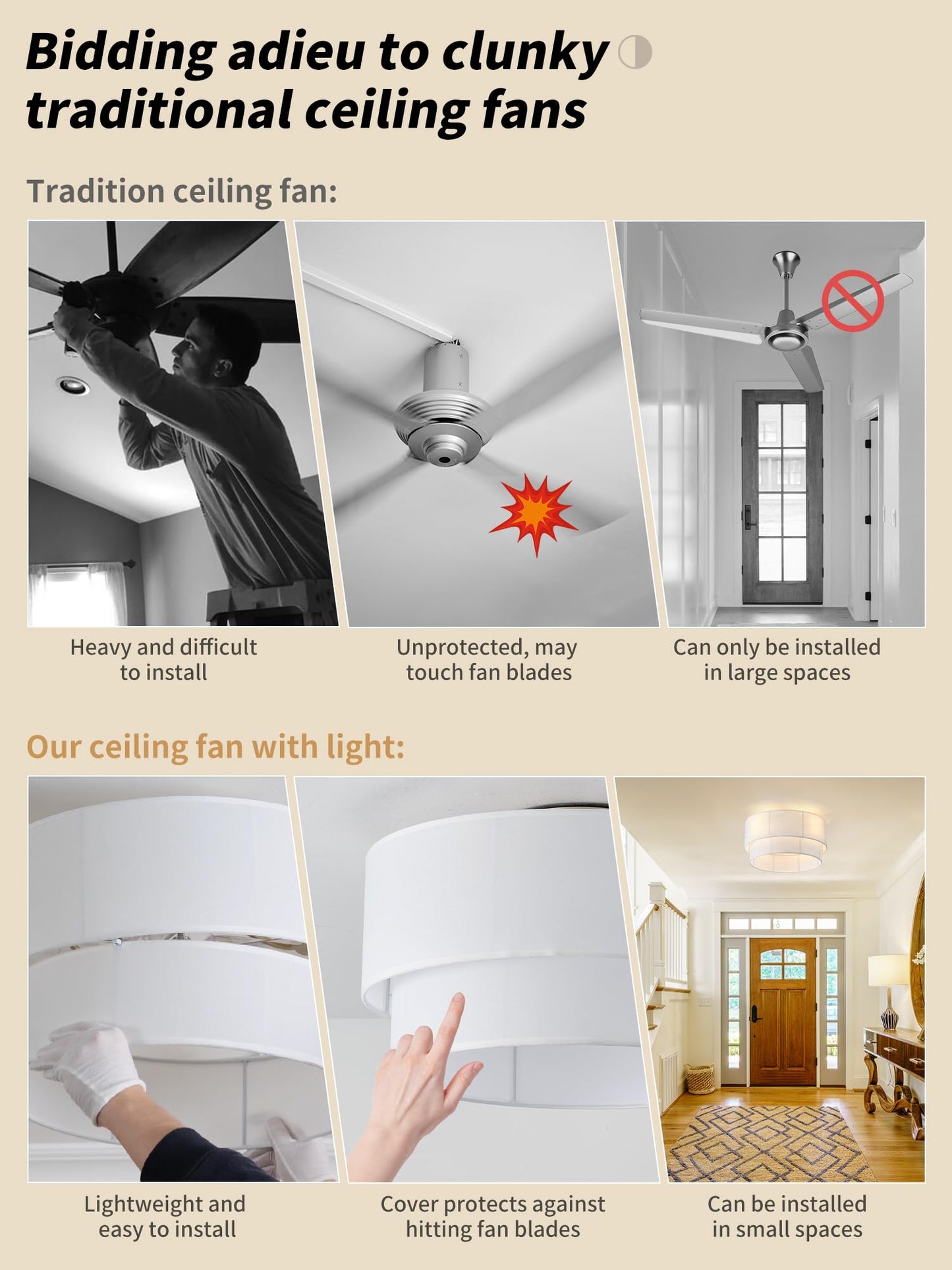 Sydacg Ceiling Fan With Lights Low Profile, 20 Flush Mount Boho Ceiling Fan With Light Remote Control, Bladeless Rattan 6 Speeds