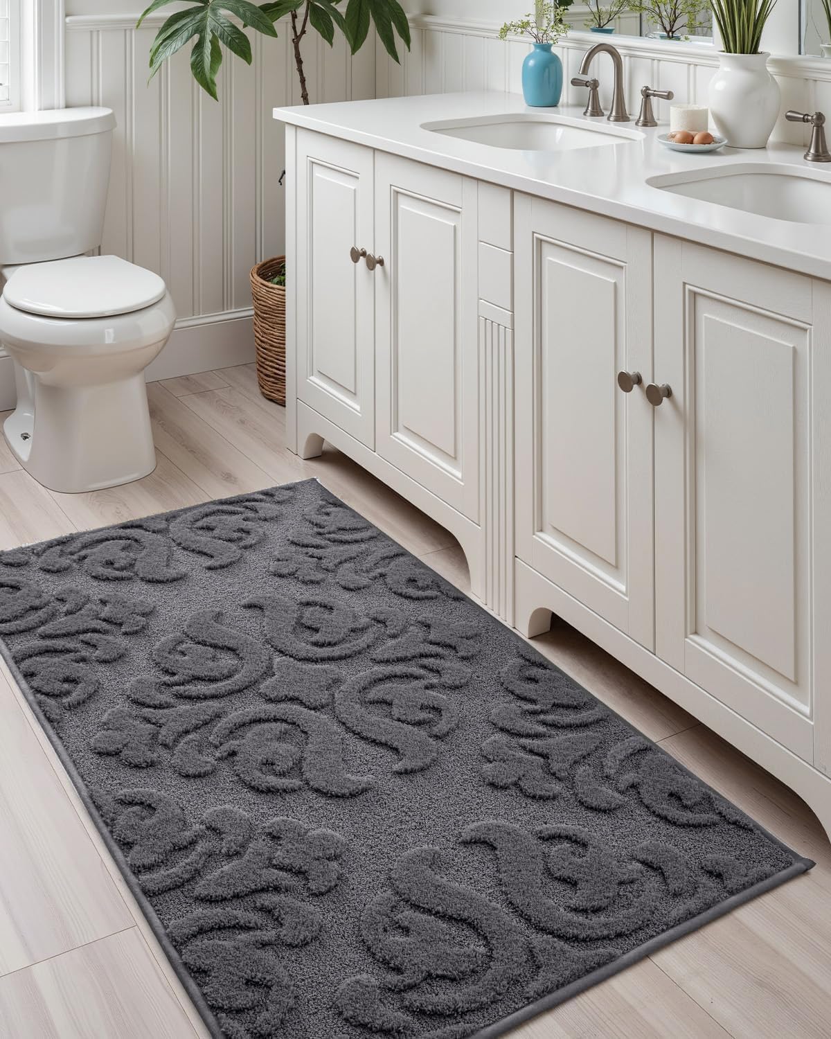 DEXI Bathroom Rug 17x30, Non Slip Washable Bath Mat for Shower Floor, Absorbent Soft Bathmat with Rubber Backing, Plush Fluffy Microfiber Floral Retro Carpet, Dark Grey