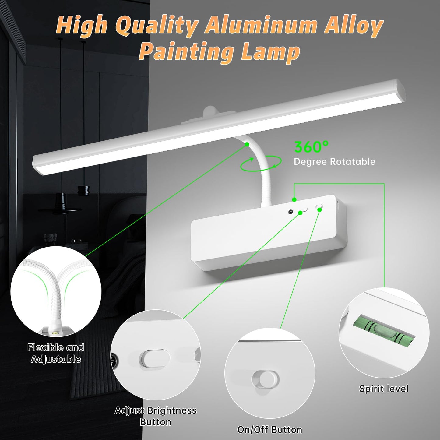 Lightbiz Picture Light, 15.35inch 5400mAh Rechargeable Picture Lights for Wall Battery Operated Wall Lights with Remote, 3 Colors Paintings Light Dimmable Art Light for Artwork, Gallery (White)