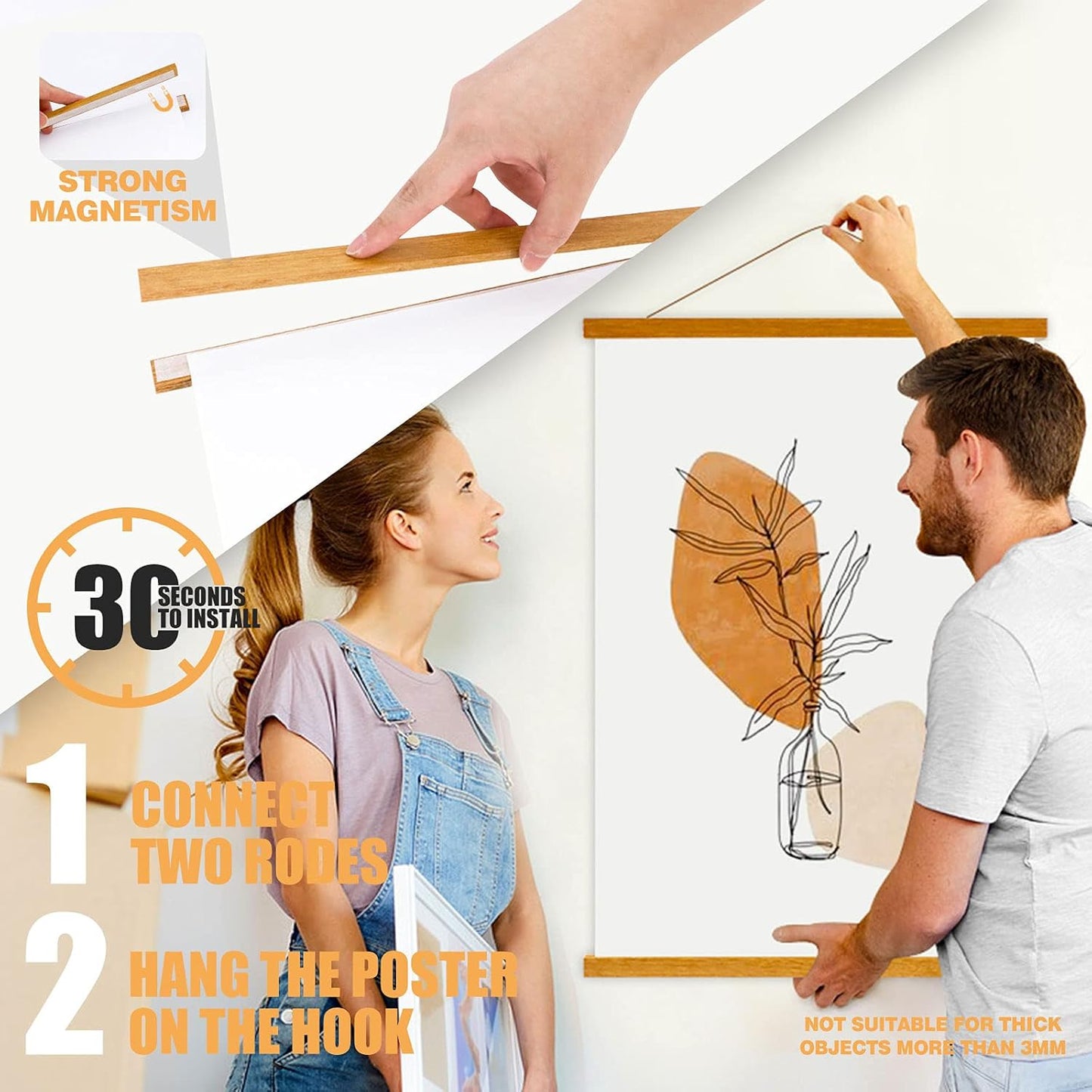 Ywlake Magnetic Poster Hanger, 14x22 14x20 14x24 Poster Frame Wood Wooden Magnet Print Posters Dowel Scroll Hanger Hangers Hanging Kit for Walls Map Canvas Artwork (Teak Wood, 14")