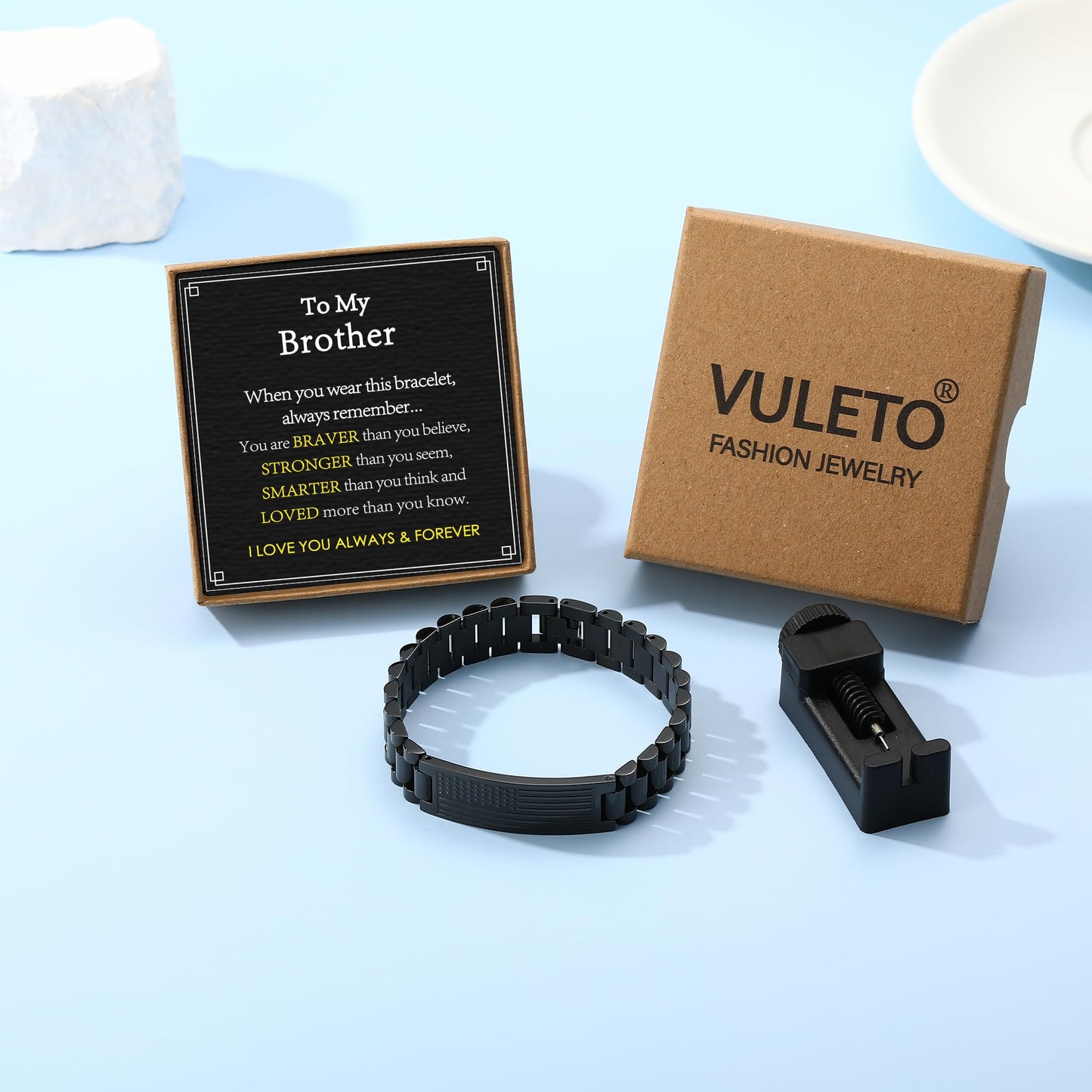 VULETO To My Brother Bracelet Gifts from Sister Brother, Stainless Steel American USA Flag Adjustable Watch Band Link Bracelet Valentines Birthday Anniversary Military Jewelry Gifts Presents for Men Him Male Love Pulseras Para Hombres