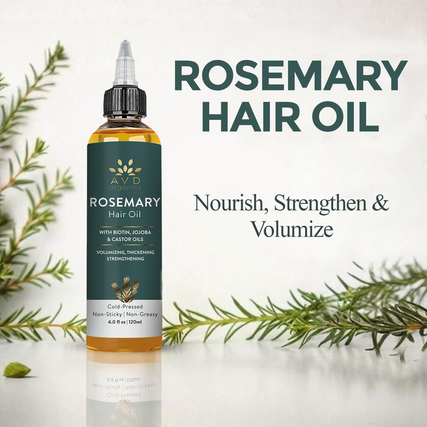AVD ORGANICS Pure Rosemary Oil for Hair Growth (4.05 fl oz) Infused with Biotin Jojoba & castor Oil | Hair strengthening Treatment | Nourishing & Volumizing– Strengthening, | Non-GMO verified