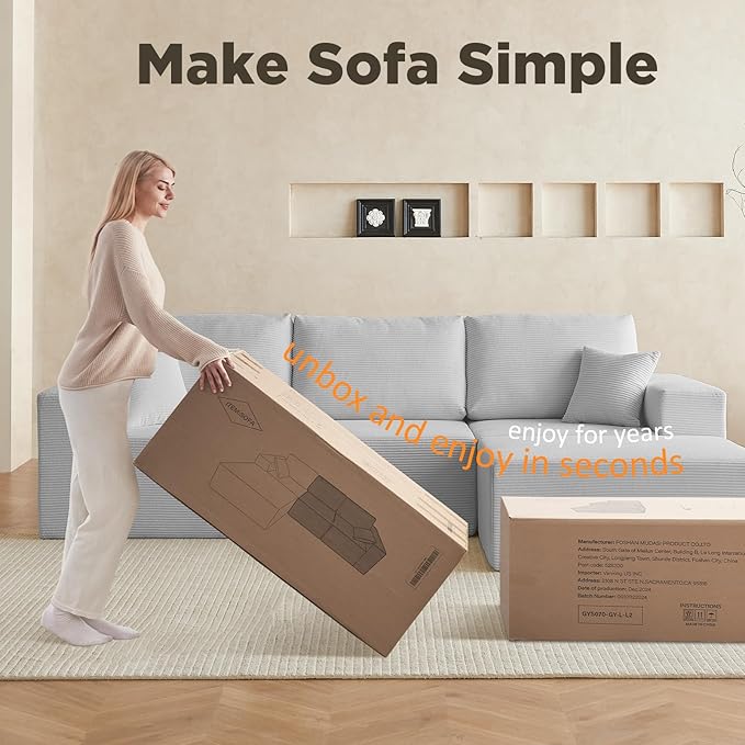 INGEROOM 108" Cloud Sectional Couch with Chaise, Modular L-Shaped Sofa, Deep Seat Comfy Corduroy Memory Foam Couch for Apartments, Dorms or Small Space, No Assembly Required, Gray