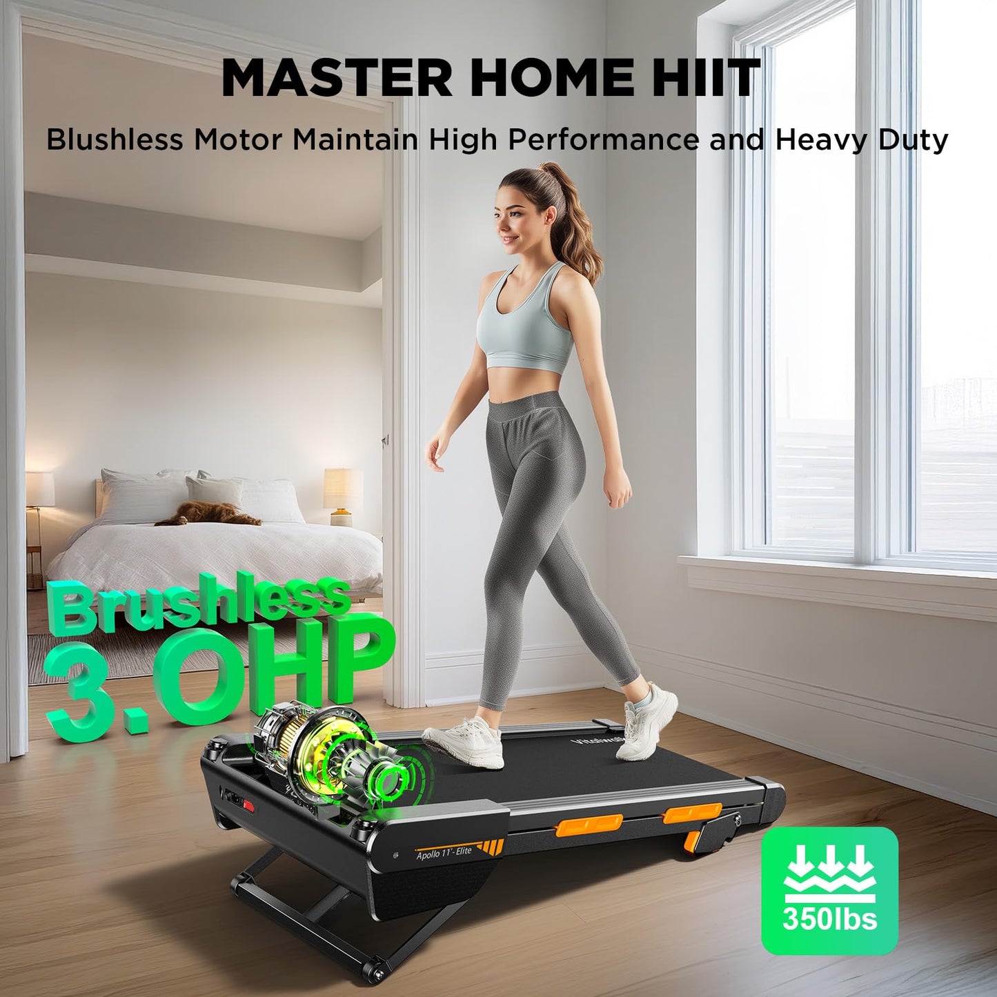 Vitalwalk Walking Pad Treadmill with Incline, Full Deck 15% Auto Incline, Portable Under Desk Treadmills for Home Office, 350LBS, 3.0HP Brushless, 4-Way Move & Vertical Storage, Ambient Light, 40"x16"