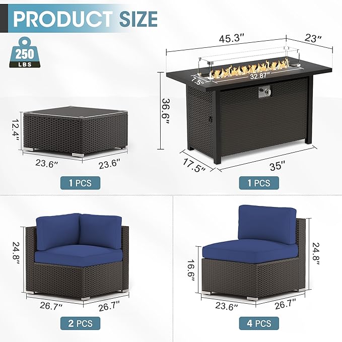 Crownland 8-Piece Outdoor Patio Furniture Sets with 45” Propane Gas Fire Pit Table, All-Weather Black Wicker Rattan Sectional Sofa with Coffee Table(Dark Blue)