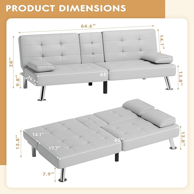 JUMMICO Faux Leather Futon Sofa Bed Futon Couch with Removable Armrests Adjustable Sleeper Sofa Bed with 2 Cup Holders for Living Room (PU Leather, White)