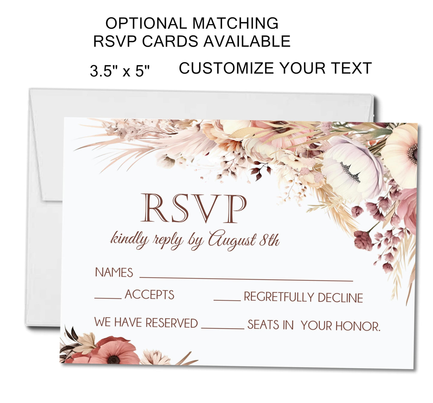 Boho Wedding Inviations, Set of 12 - Pampas Grass Wedding Invitations With Envelopes, Boho Pampas Wedding Invitation (Pampas Grass)