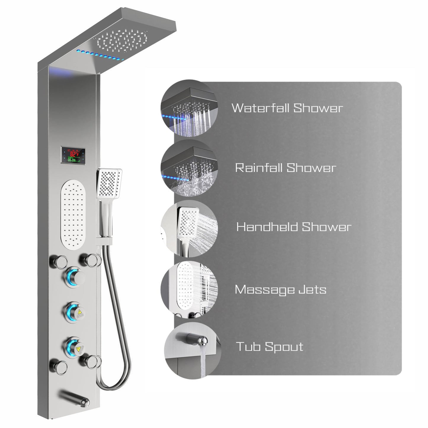 ELLO&ALLO LED Shower Panel Tower System, Rainfall and Mist Shower Head Rain Massage with Body Jets, Brushed Nickel
