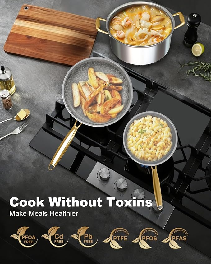 FogDream 5 Pcs Stainless Steel Cookware Set, 9.5in Non Stick Frying Pan, 5-Quart Soup Pot & 2.3-Quart Sauce Pan with 2 Lids, Stay-Cool Handles, Dishwasher & Oven-Safe, Induction Compatible, Gold