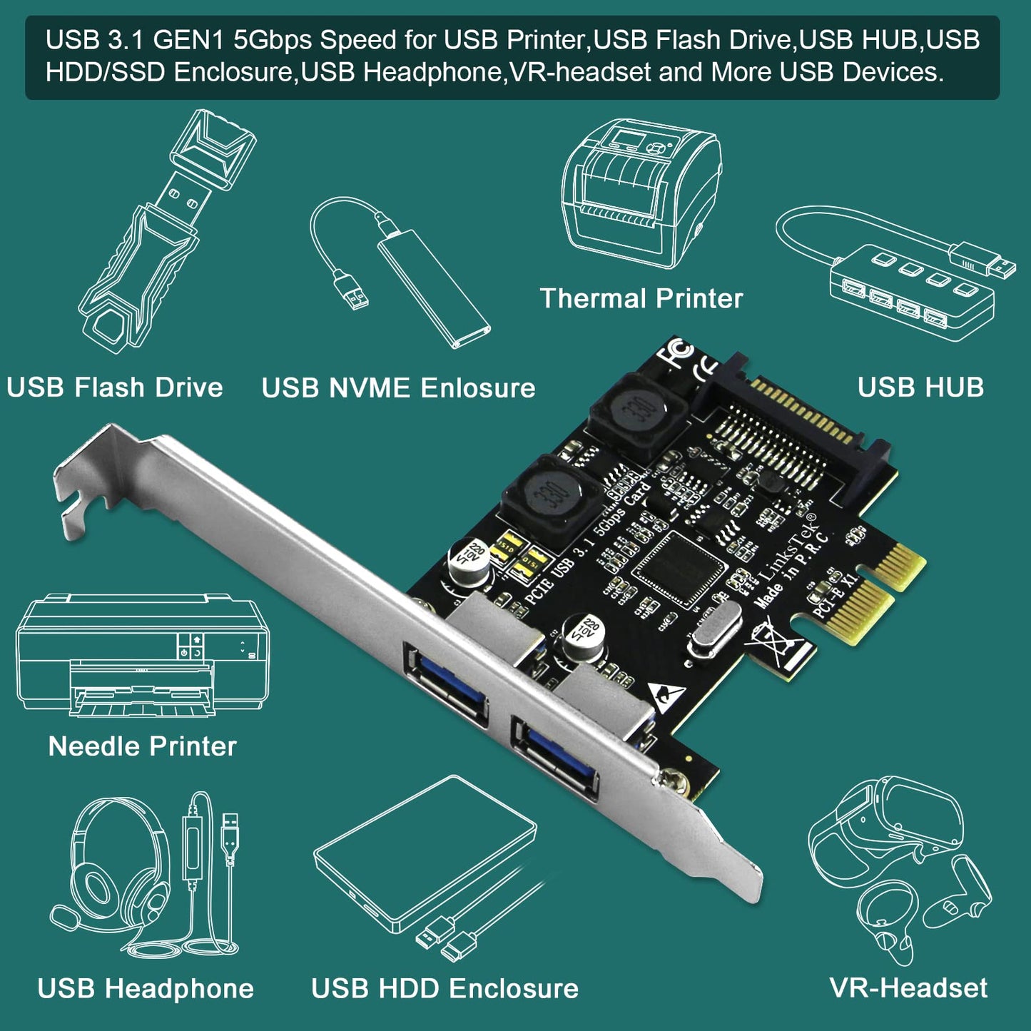 Linkstek 2-Ports Pcie Usb 3.0 (Usb 3.1 Gen1) 5Gbps Expansion Card For Desktop Pcs, 2X 5Gbps Usb-A Ports, Built In Smart Power Di