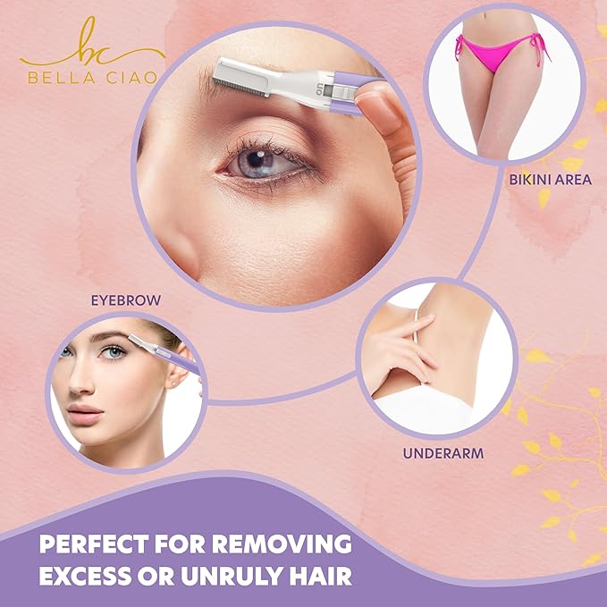 Bella Ciao Eyebrow and Bikini Trimmer for Women, Gentle Electric Facial Hair Removal Device, Battery Operated Precision Hair Trimmer with Dual-Sided Trimming Guide, Protective Cap
