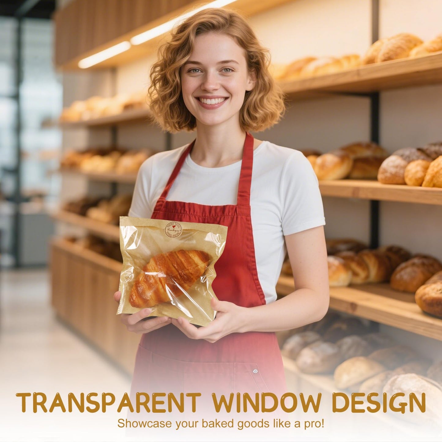 SUREHOME Paper Sandwich Bags 100 Pcs 7.1 X 7.5 In Kraft Brown Paper Bags with Window Individual Heat Seal Bakery Bag with Sticker Cookie Bag for Party Favors Snacks Treats Bread Baked Goods Packaging