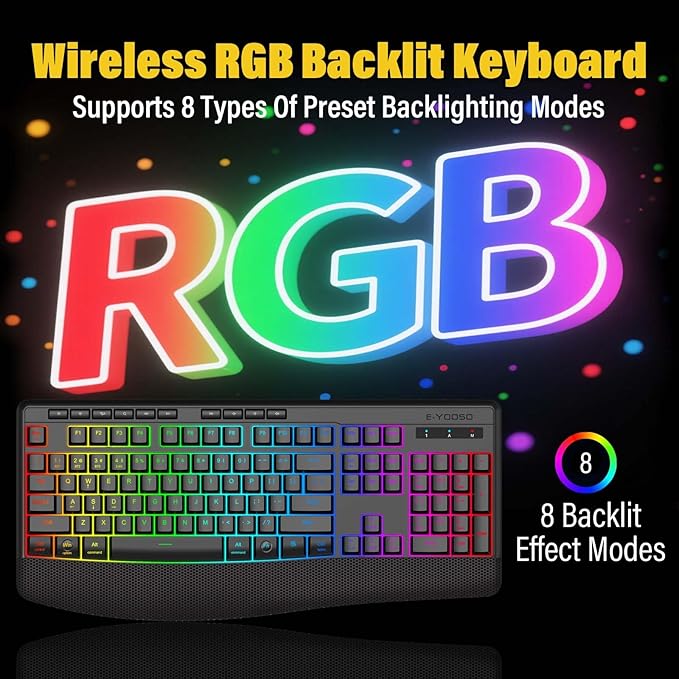 Premium Wireless Bluethooth Versatile Keyboard,8 RGB Backlit light up,Silent Touch Less Noise 95%,Ergonomic Wrist Rest,Wired Rechargeable,Tri-mode BT5.0/2.4GHz/USB C,Ideal For Gaming/PC Computer/Mac