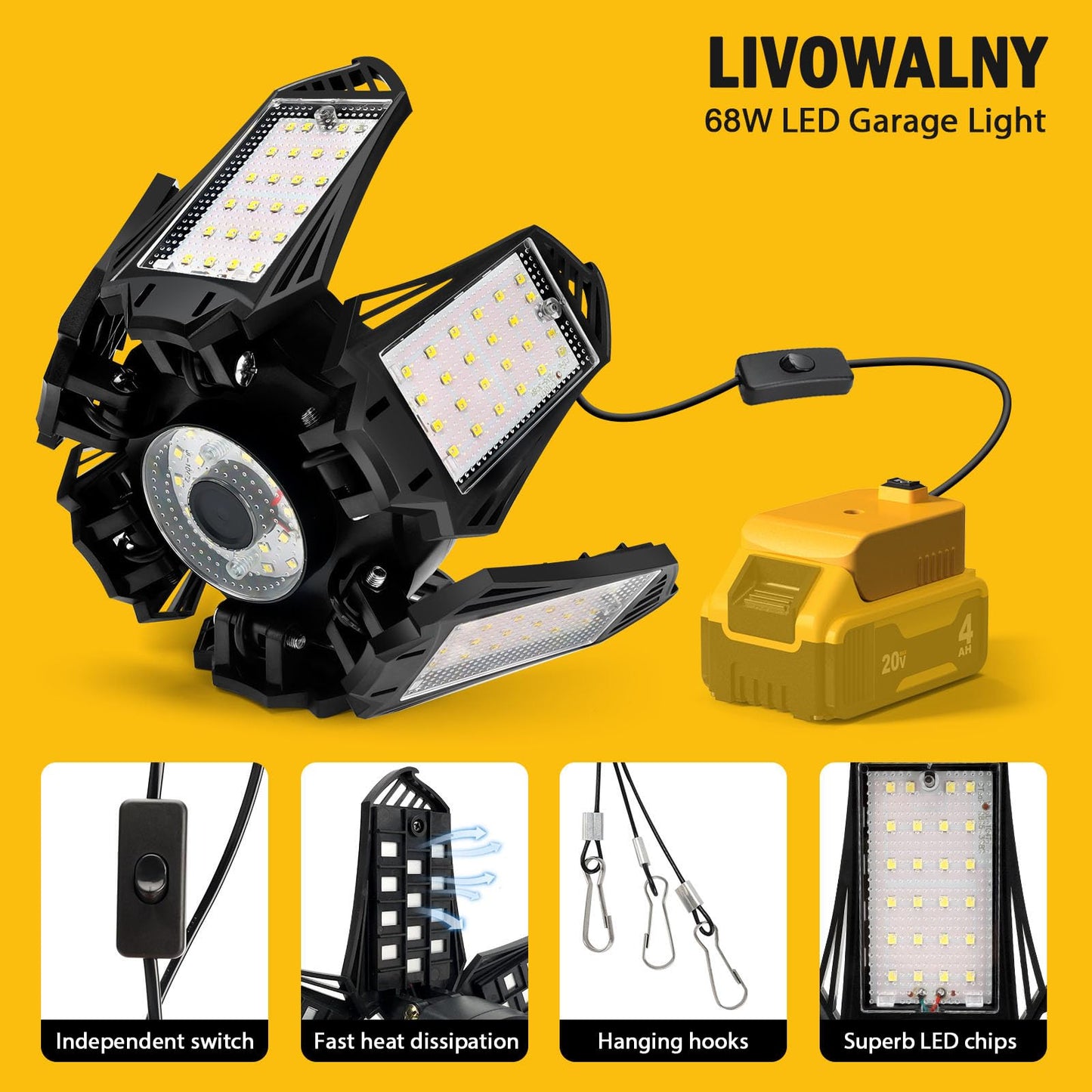 LIVOWALNY LED Work Light Compatible with Dewalt 20V Battery, 68W 6800LM LED Garage Flood Lights with 6+1 Deformable Panels, Battery Powered Pendant Ceiling Light for Shed Workshop Garage Home
