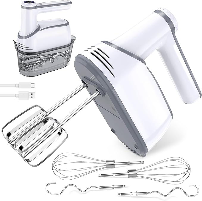 Cordless Hand Mixer, 12-Speed Rechargeable Electric Handheld Mixer with 6 x 304 Stainless Steel Attachments (2 Whisks, 2 Beaters, 2 Dough Hooks) & Storage Case, for Baking, Eggs, Cakes (White)