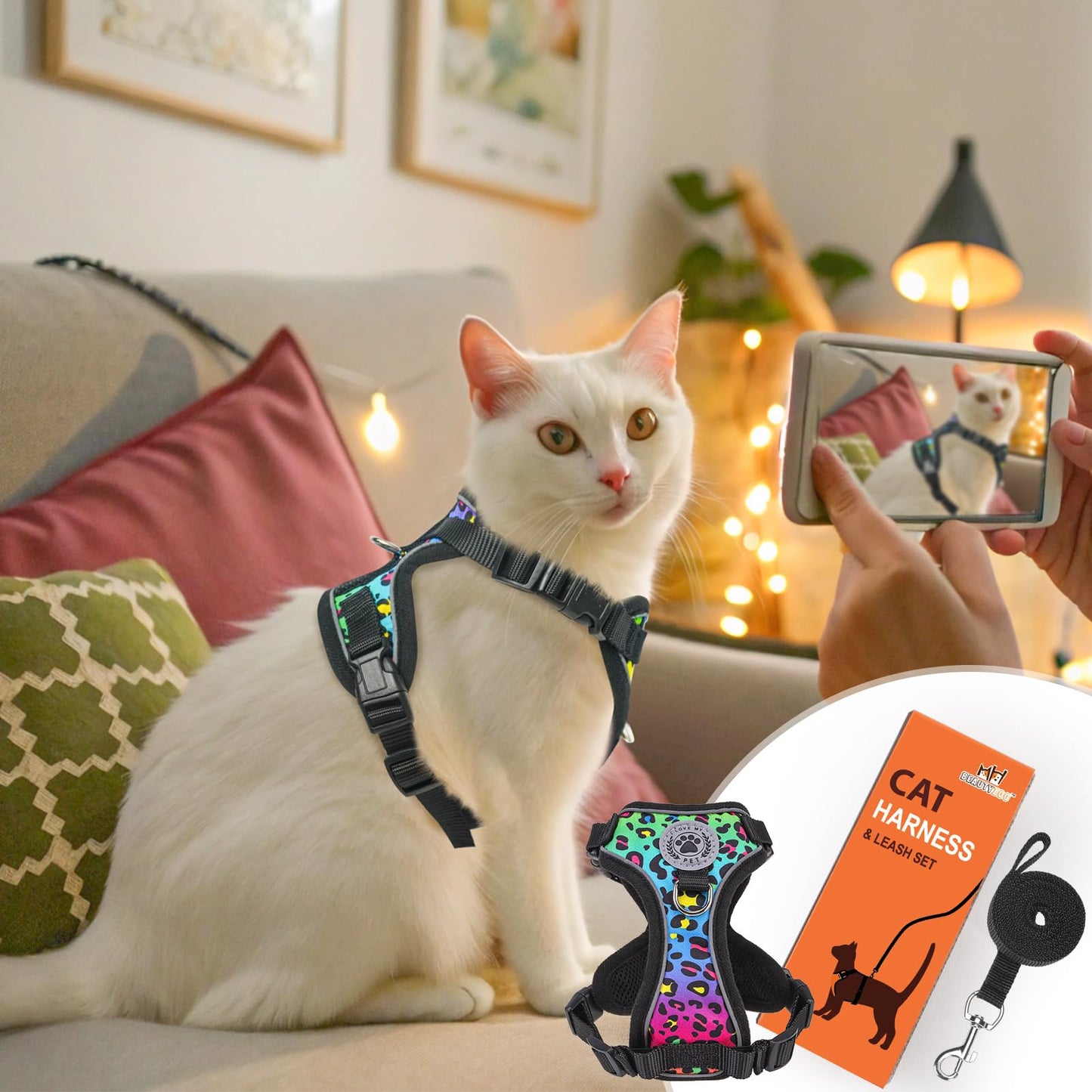 BEAUTYZOO Escape Proof Cat Harness and Leash for Walking, Soft Adjustable Cute Vest for Small to Large Cats, Reflective Breathable Easy-Control Outdoor Jacket, Kitten Harness and Leash Set, Leopard, S