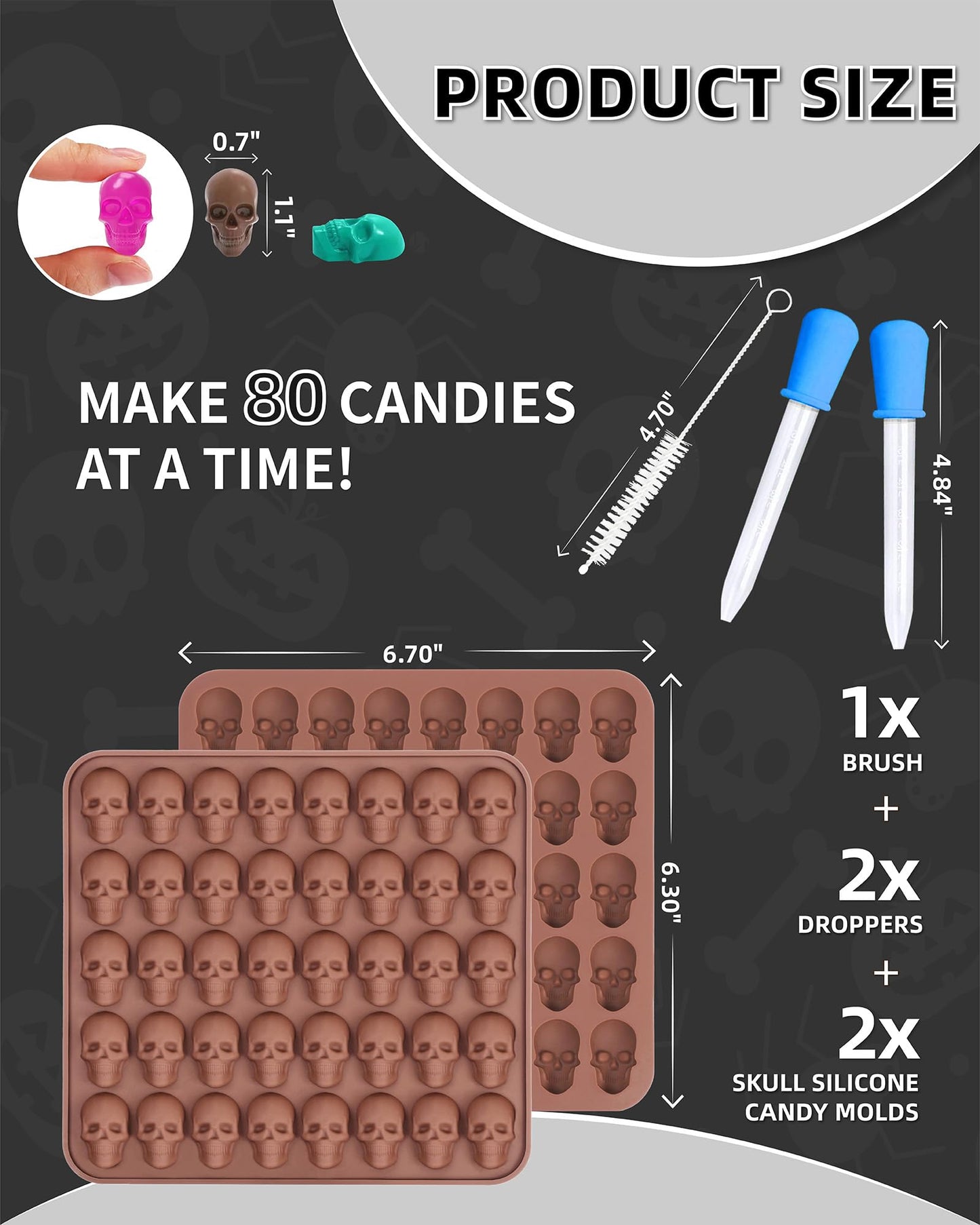 Gummy Skull Silicone Candy Molds, KKDINDAN 2 Pack Mini Skull Molds for Baking with 2 Droppers 1 Brush, 40 Cavity Non-Stick for Chocolate, Candy, Ice Cube, Jelly, Dog Treats, Resin Casting