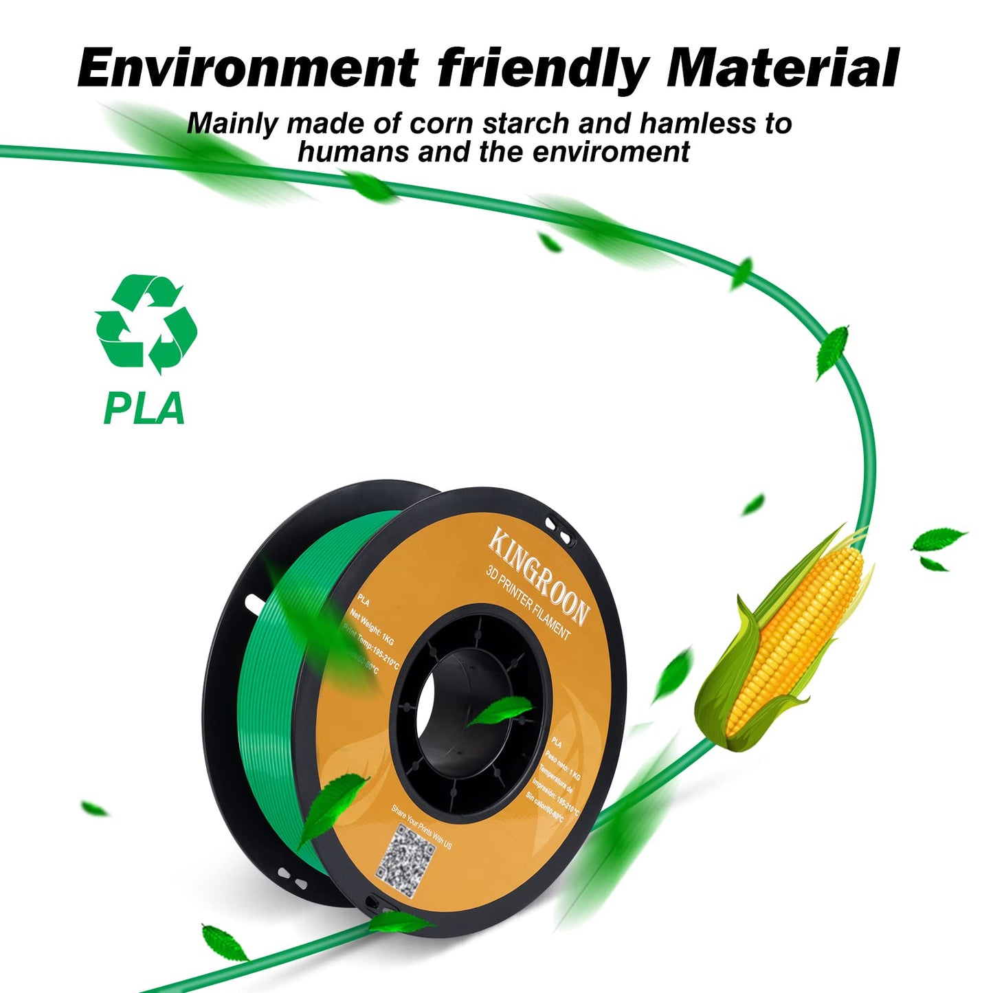 Kingroon PLA 3D Printer Filament, Dimensional Accuracy +/- 0.02 mm, 1 kg Spool(2.2lbs), 1.75 mm，Green