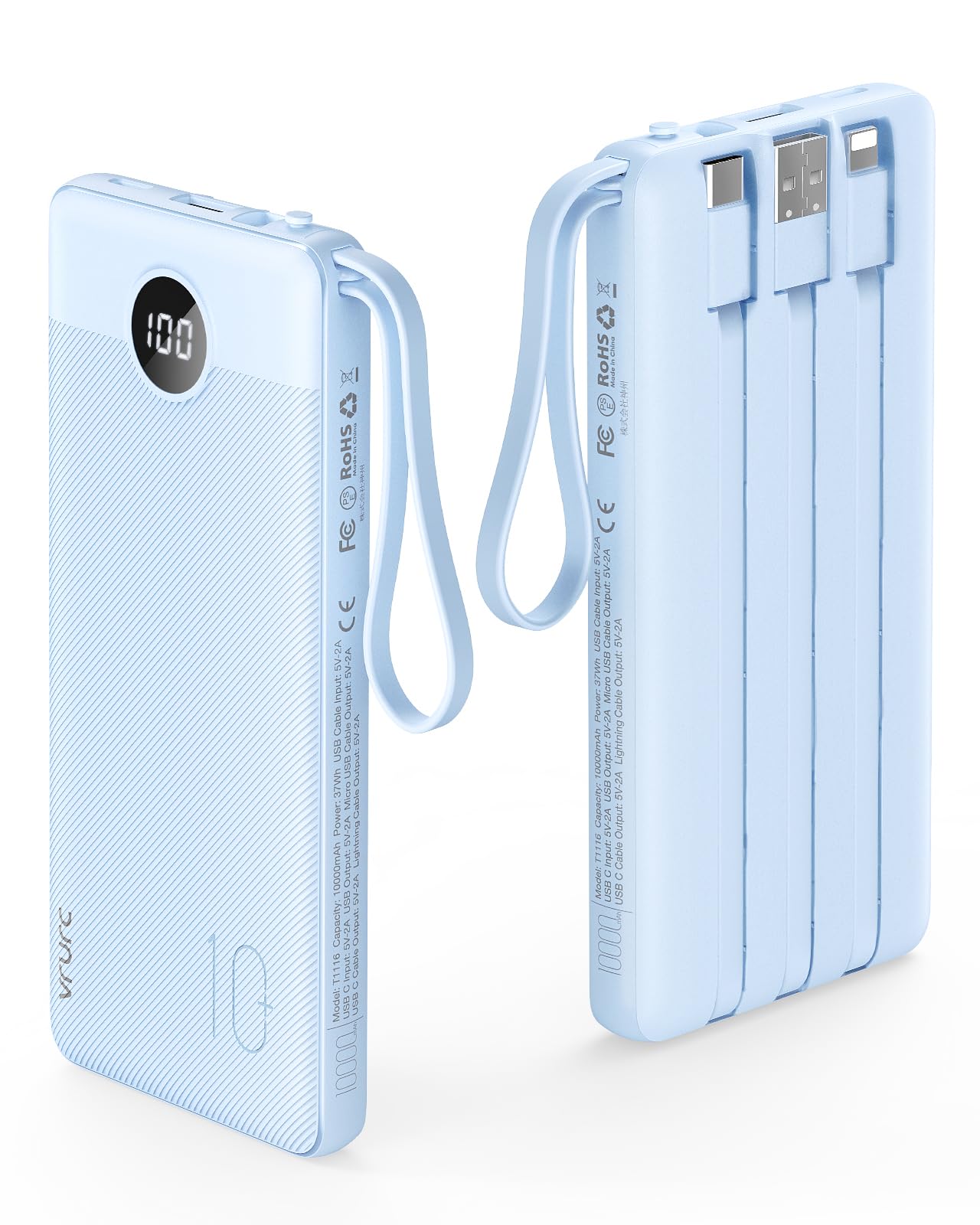 VRURC 10000mAh Power Bank Built-in Cables, Portable Charger with LED Display, Slim Travel Battery Pack with Cords, 5 Output Dual Input Phone Charger for Cell Phone Smart Devcies-Blue(1 Pack)