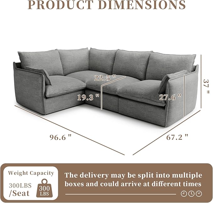 Gtilzria Waterproof Cloud Sectional Sofa for Living Room,High Backrest Down Filled Couches,5 Seater Oversized Modular V-Shaped Sofa,Detachable Couch Covers,Dark Grey