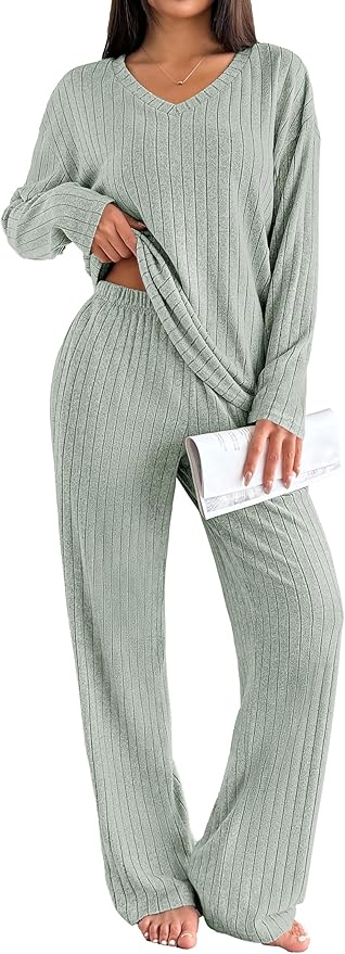 Ekouaer Lounge Sets for Women Long Sleeve Knit Ribbed Pajama Sets 2 Piece Casual Loungewear with Pockets