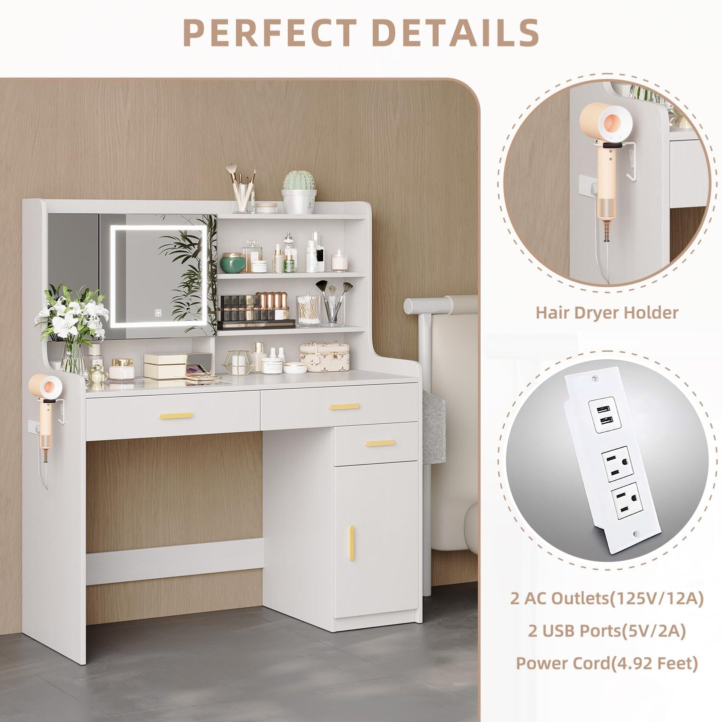 KATYGLORY Vanity Desk with Mirror and Adjustable LED Lights Makeup Vanity Table for Bedroom with Glass Tabletop Power Outlet Storage Bag 3 Drawers 1 Cabinet and 6 Storage Shelve,White