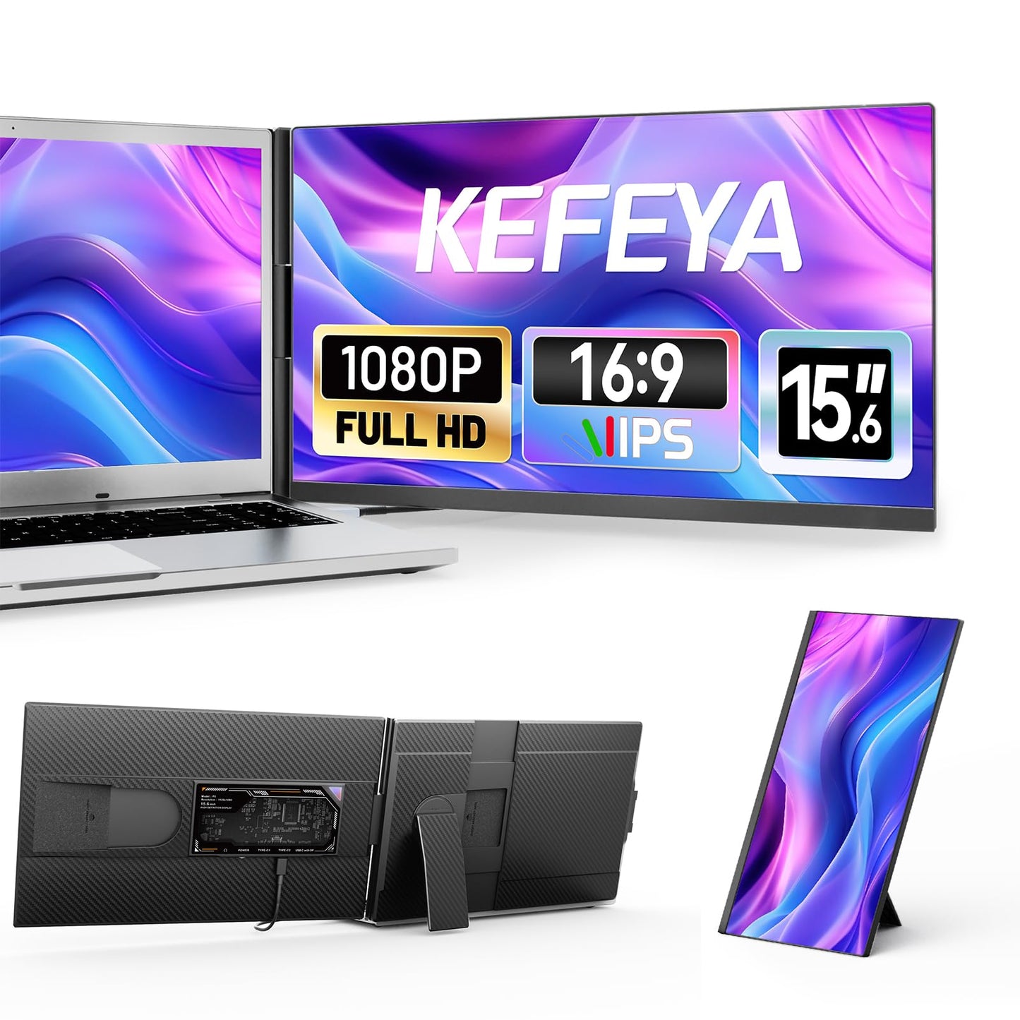 KEFEYA Laptop Screen Extender, 15.6 FHD 1080P IPS Portable Monitor for Laptop, Plug and Play Dual Monitor Extender for 13-17.3 L